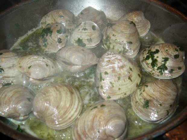 The clams in their shells before I covered and steamed them.